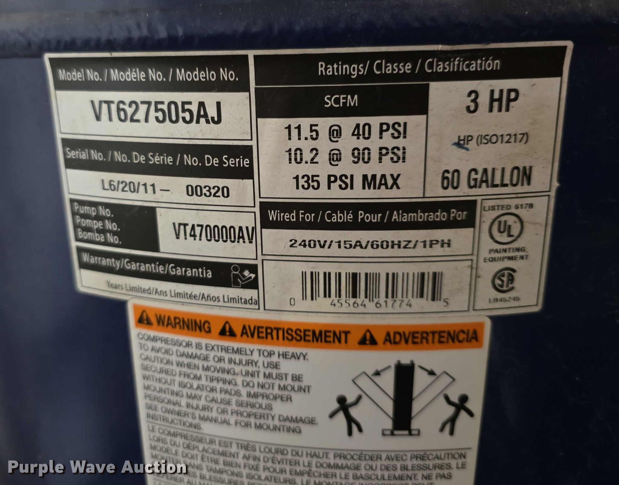 Campbell Hausfeld VT627505AJ air compressor in Lawrence, KS | Item