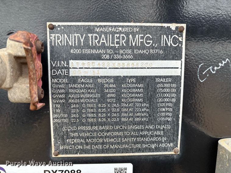 image for item DX7988 2011 Trinity Eagle Bridge live bottom trailer