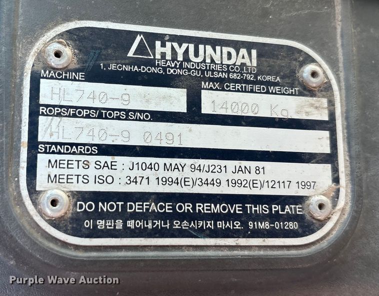 image for item EA7515 2012 Hyundai HL740-9 wheel loader