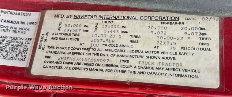 image for item DT6342 1992 International 9400 semi truck