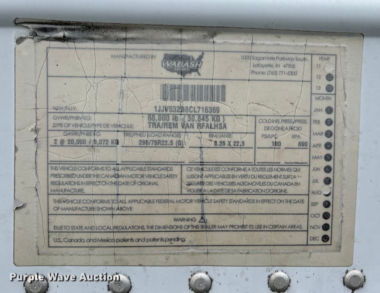 image for item DU1279 2012 Wabash refrigerated van trailer