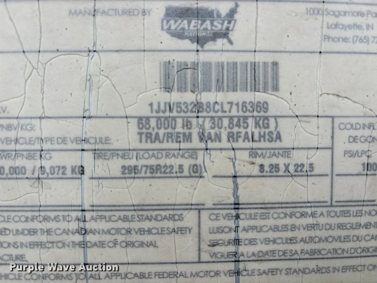 image for item DU1279 2012 Wabash refrigerated van trailer