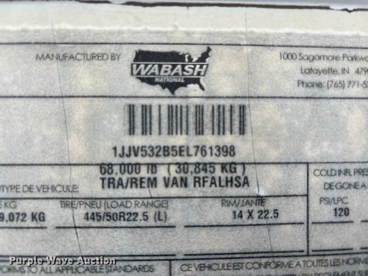 image for item DU1280 2014 Wabash refrigerated van trailer