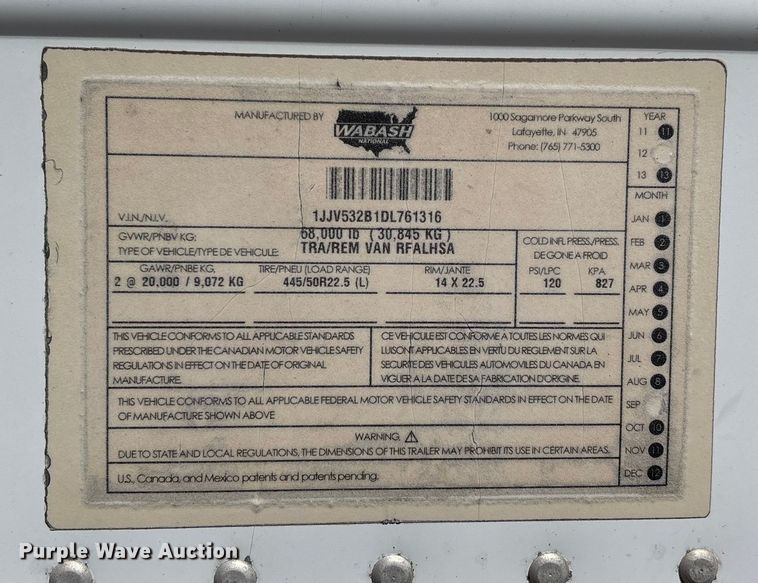 image for item DU1286 2013 Wabash refrigerated van trailer
