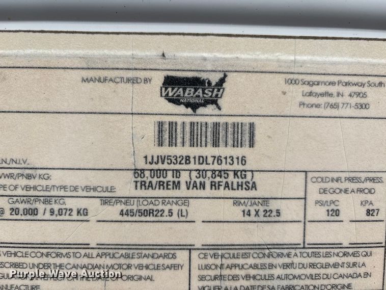 image for item DU1286 2013 Wabash refrigerated van trailer
