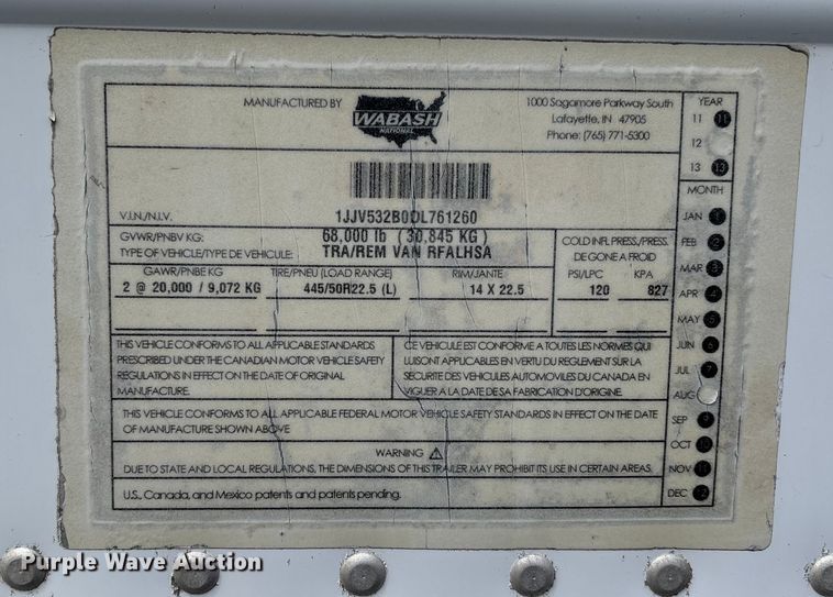 image for item DU1287 2013 Wabash refrigerated van trailer