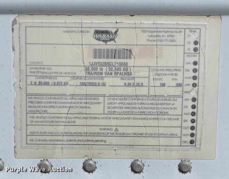 image for item DU1292 2012 Wabash refrigerated van trailer