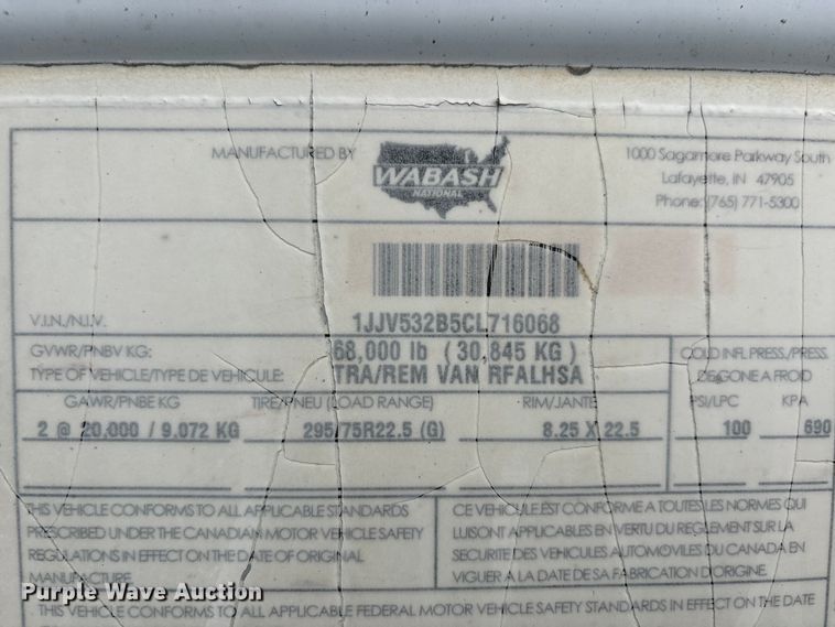 image for item DU1292 2012 Wabash refrigerated van trailer