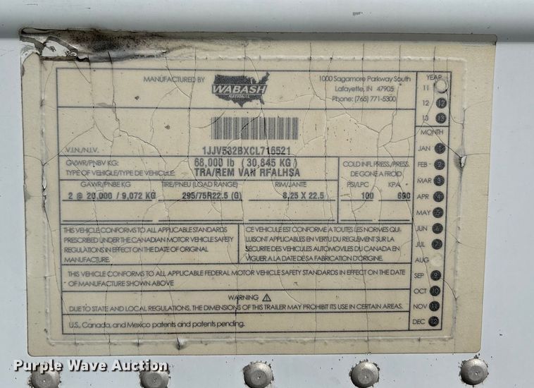 image for item DU1293 2012 Wabash refrigerated van trailer