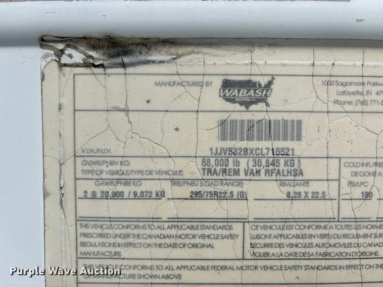 image for item DU1293 2012 Wabash refrigerated van trailer