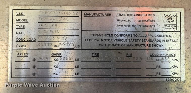 image for item EB1039 2016 Trail King TK80AACS-40 drop deck equipment trailer