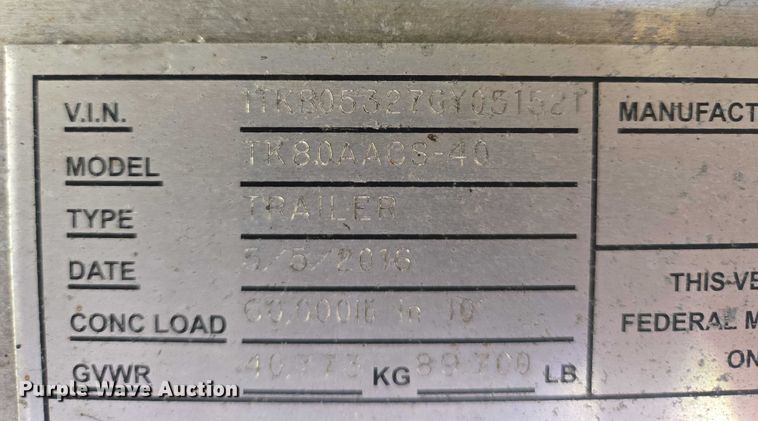 image for item EB1039 2016 Trail King TK80AACS-40 drop deck equipment trailer