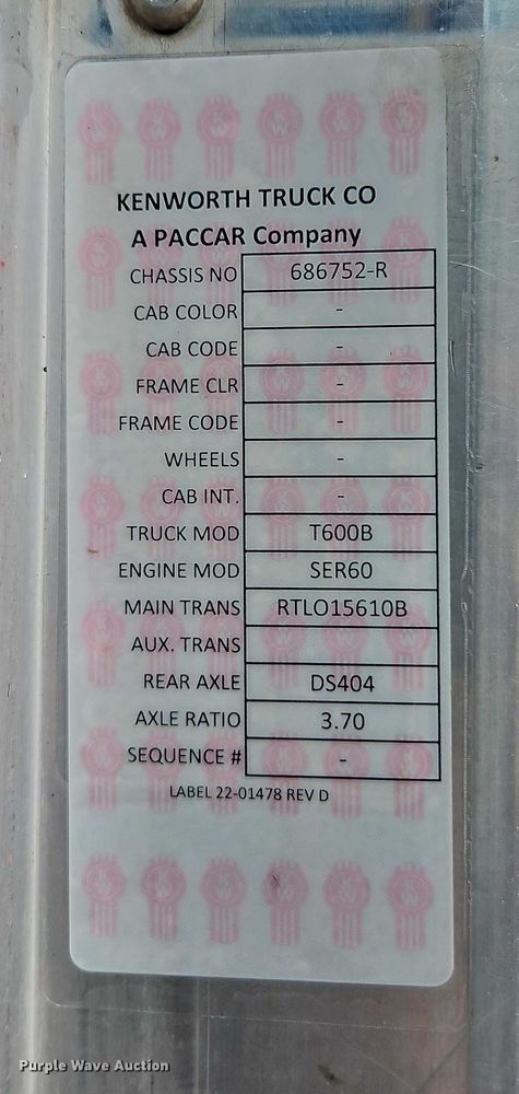 image for item EB8318 1996 Kenworth T600 semi truck