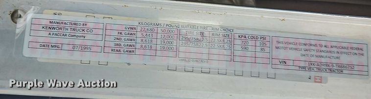 image for item EB8318 1996 Kenworth T600 semi truck