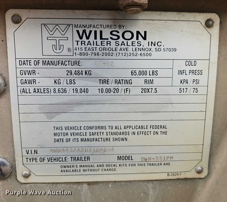 image for item EB8319 2013 Wilson DWH-551PM  grain trailer