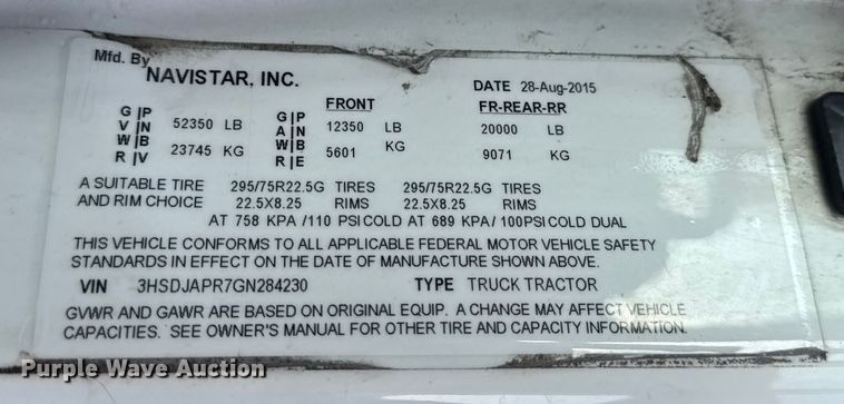 image for item EH7475 2016 International ProStar Plus semi truck