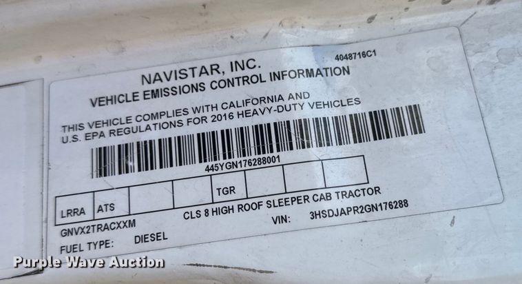 image for item EH7476 2016 International ProStar Plus semi truck