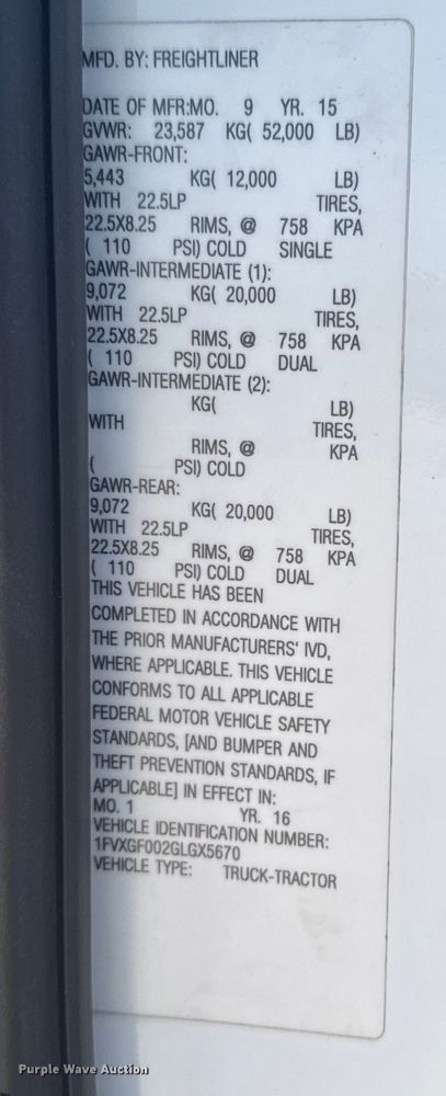 image for item ER2405 2016 Freightliner Cascadia glider kit semi truck