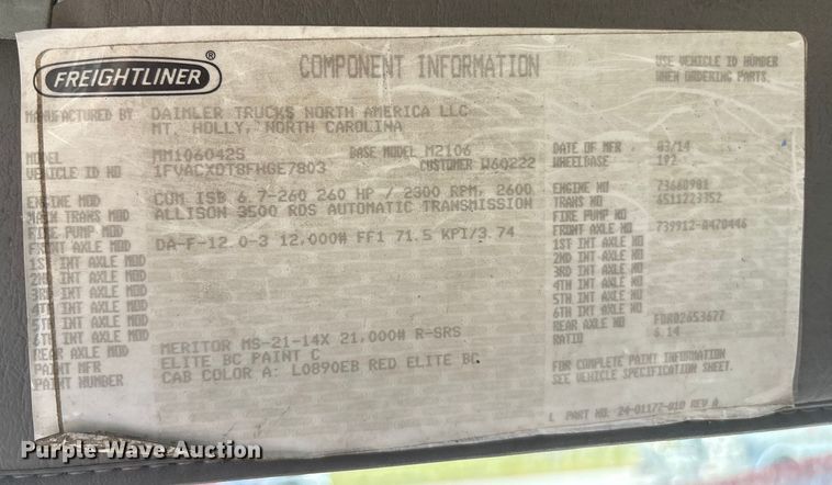 image for item ET8536 2015 Freightliner M2 truck cab and chassis