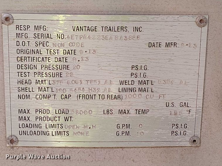 image for item EU2531 2014 Vantage Trailers pneumatic dry bulk trailer