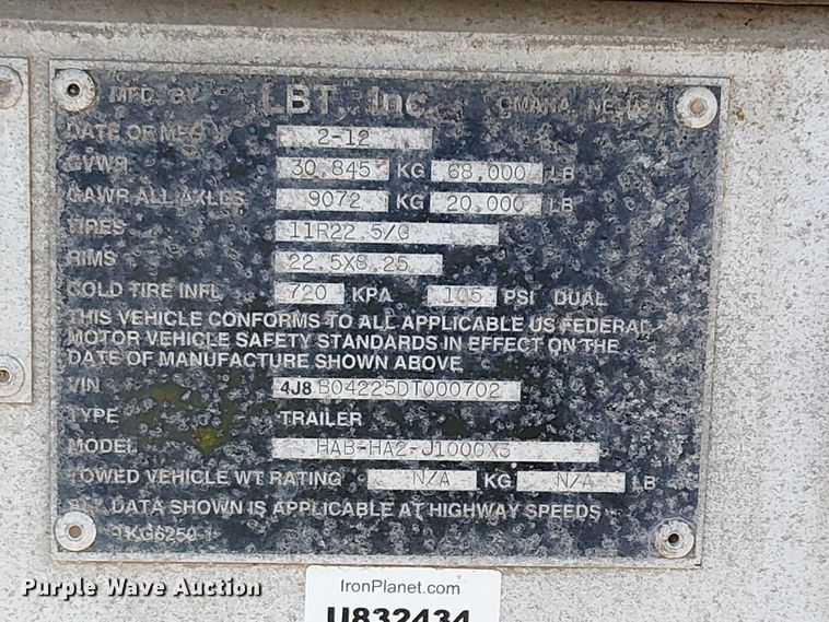 image for item EU2552 2013 LBT Inc HABHA2 pneumatic dry bulk trailer