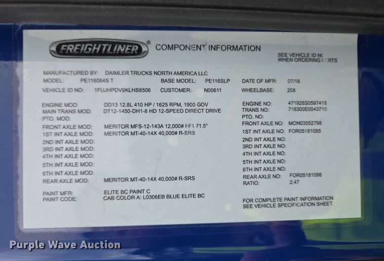 image for item YA0578 2019 Freightliner Cascadia 116 semi truck