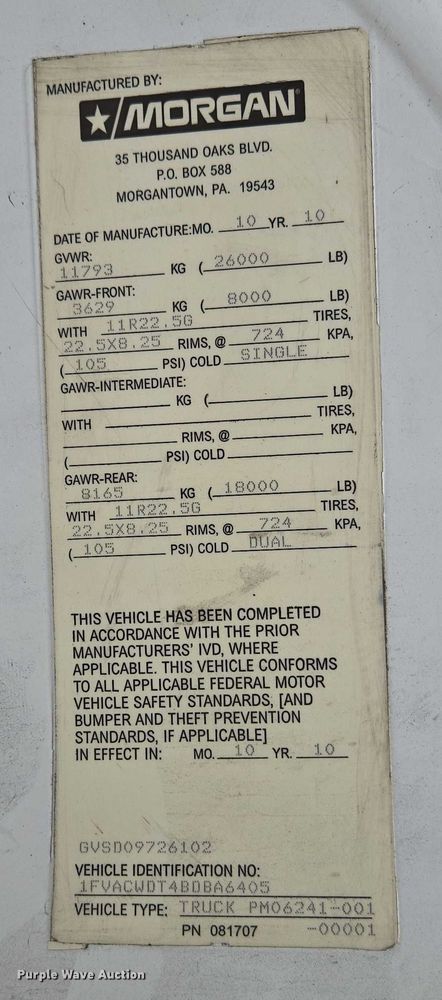 image for item YA0647 2011 Freightliner Business Class M2 box truck