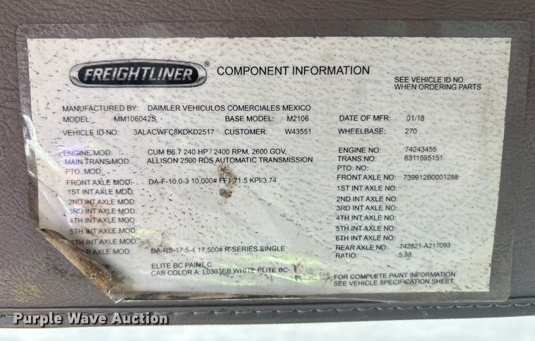 image for item YA0793 2019 Freightliner Business Class M2 box truck