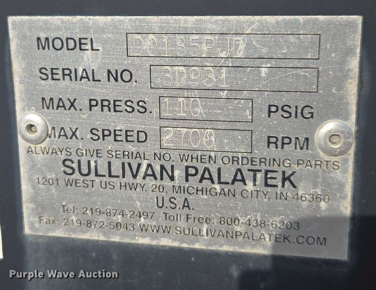 image for item DE2225 2012 Sullivan Palatek D0185PJD air compressor