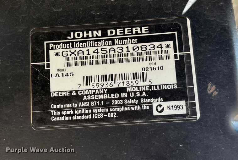 image for item DE2249 2010 John Deere LA145 lawn mower