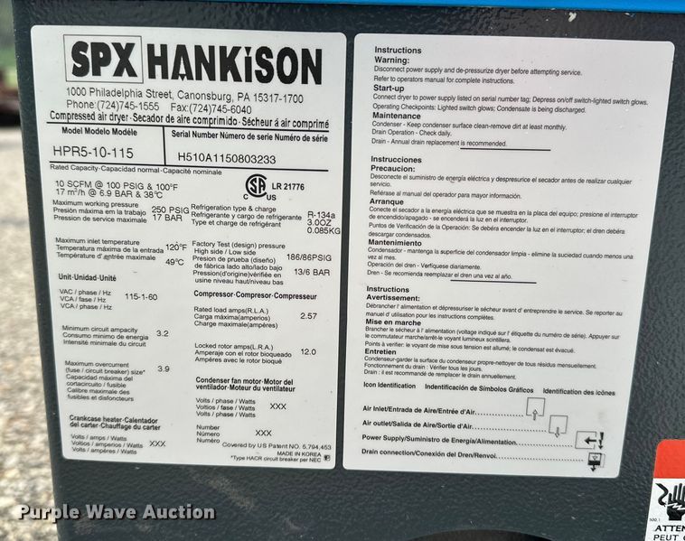 image for item DY6474 SPX Hankinson HPR5-10-115 compressed air dryer