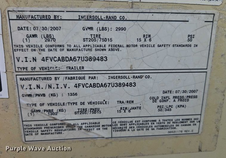 image for item DY8146 2007 Ingersoll Rand P185 air compressor