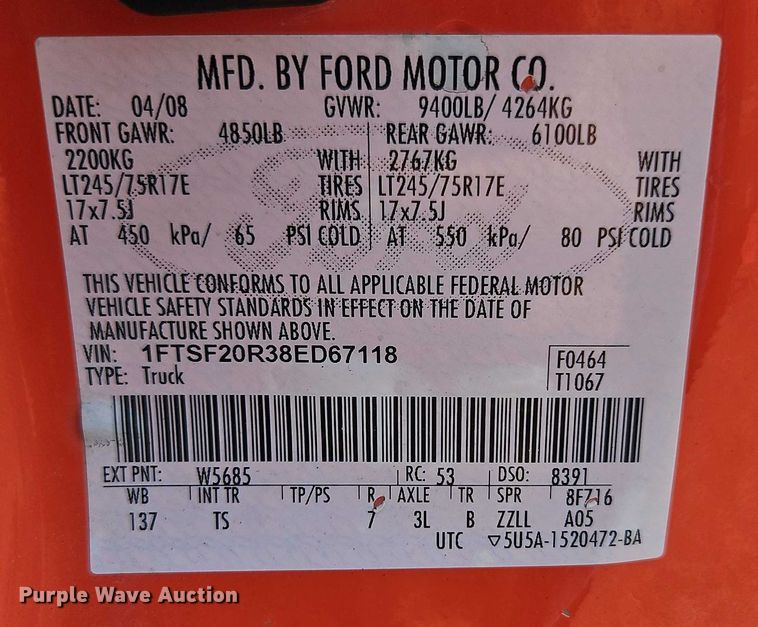 image for item DY8147 2008 Ford F250 Super Duty utility bed pickup truck