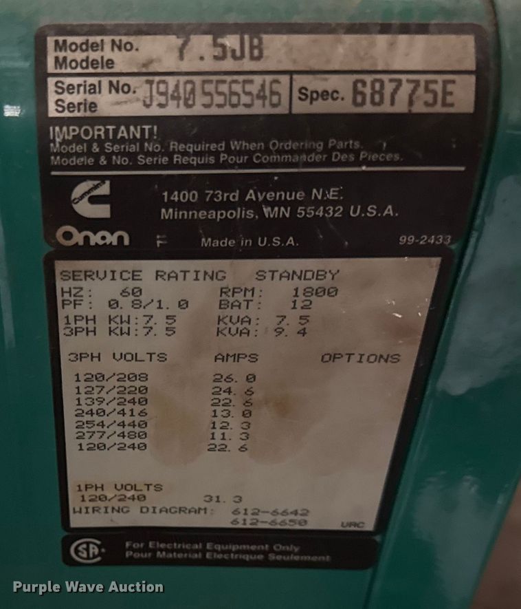 image for item DY8180 Onan 7.5JB generator