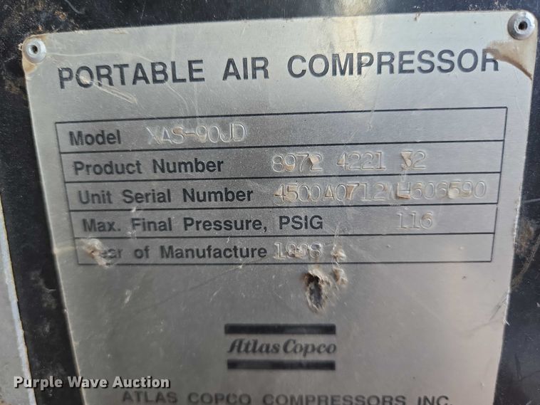 image for item EM8119 1999 Atlas Corp XAS90 air compressor