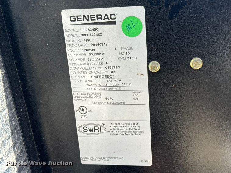 image for item EN8712 Generac G0062450 generator