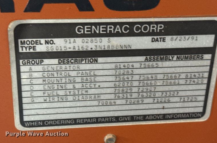 image for item EP0628 1991 Generac 91A-02850-S generator