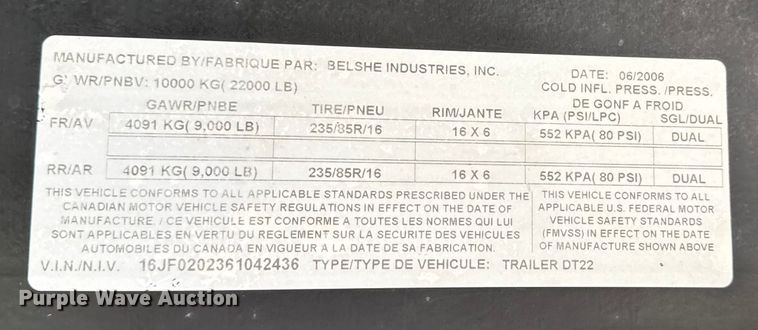 image for item DJ7794 2006 Belshe DT22 equipment trailer