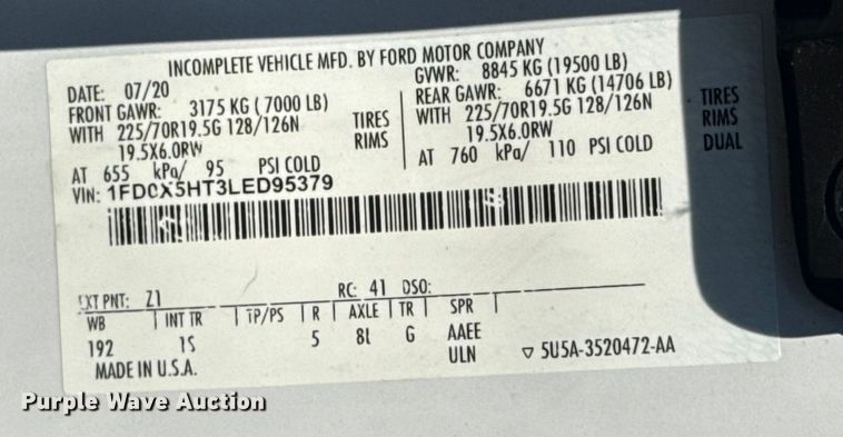 image for item DJ7823 2020 Ford F550 Super Duty truck cab and chassis