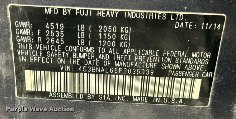 image for item DO2278 2015 Subaru Legacy 