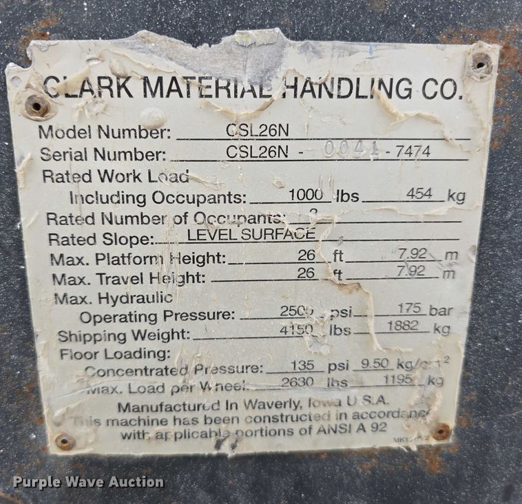 image for item DR3992 Clark CSL26N scissor lift