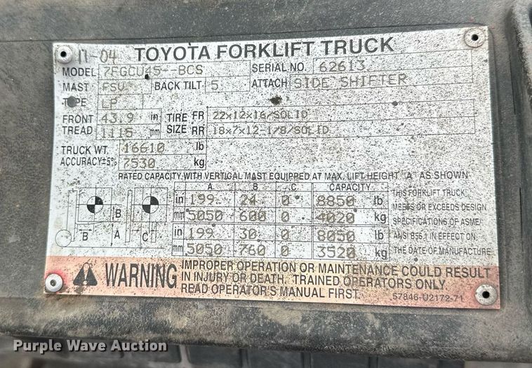 image for item DT6378 Toyota 7FGCU45-BCS forklift