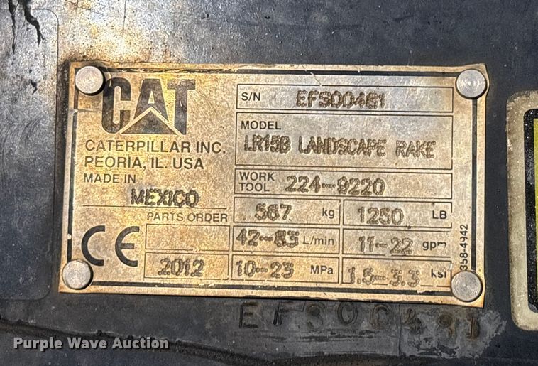 image for item DU1329 2012 Caterpillar LR15B skid steer landscape rake