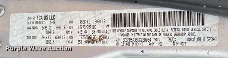 image for item DU1336 2016 Dodge Ram 2500  pickup truck