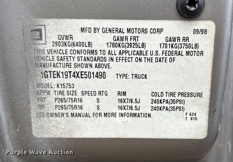 image for item DU1344 1999 GMC Sierra Ext. Cab pickup truck