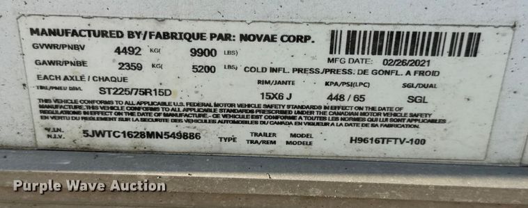 image for item DW6589 2021 Novae H9616TFTV-100 enclosed cargo trailer