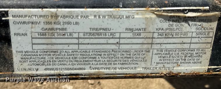 image for item DW6600 2011 R & W Trailer Mfg RTS7612 utility trailer