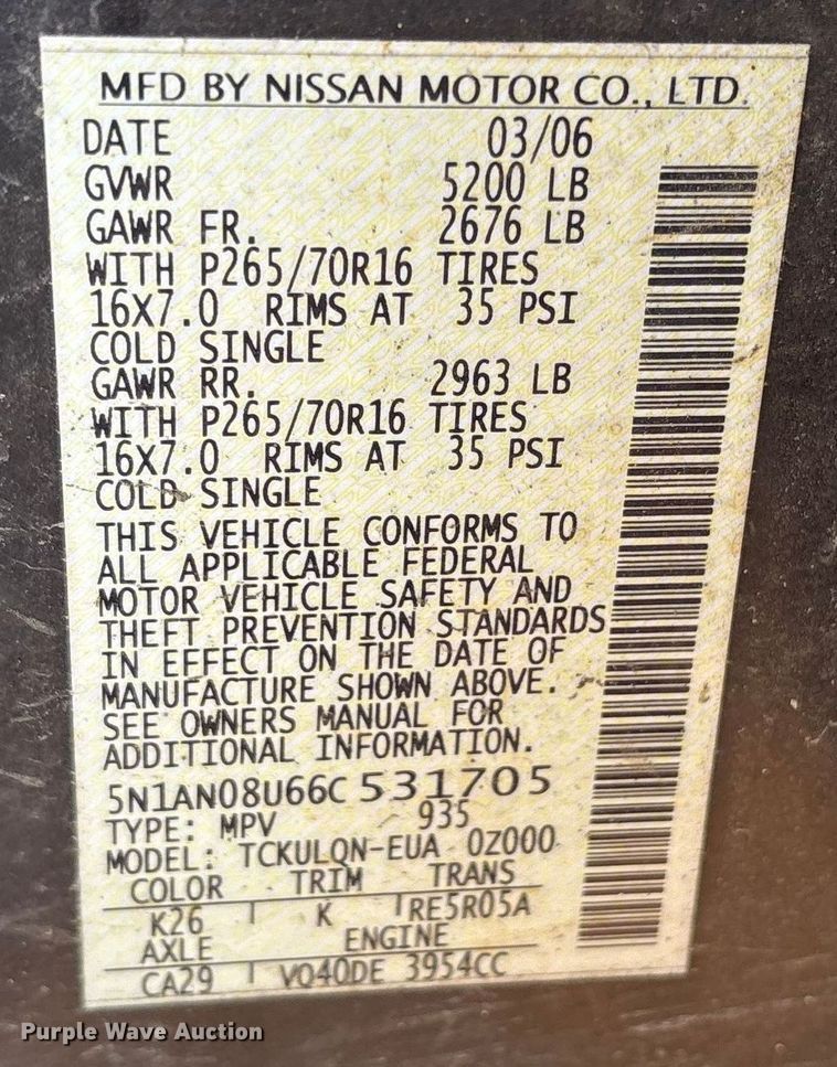 image for item DY0925 2006 Nissan Xterra SUV