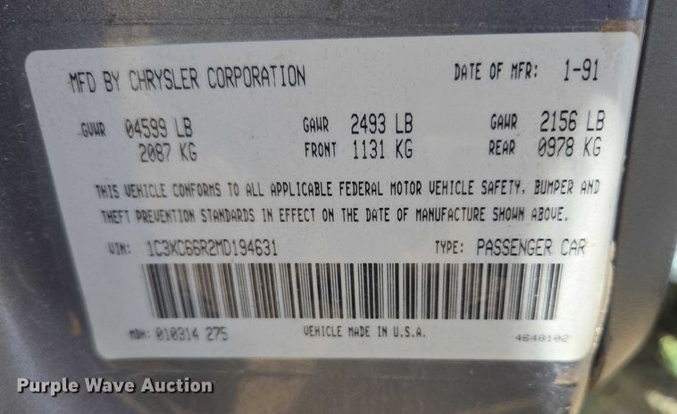 image for item DY1185 1991 Chrysler New Yorker Salon 