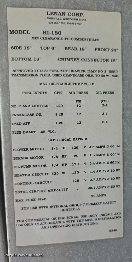 image for item DZ6335 Lenan Corp. HI-180 waste oil heater